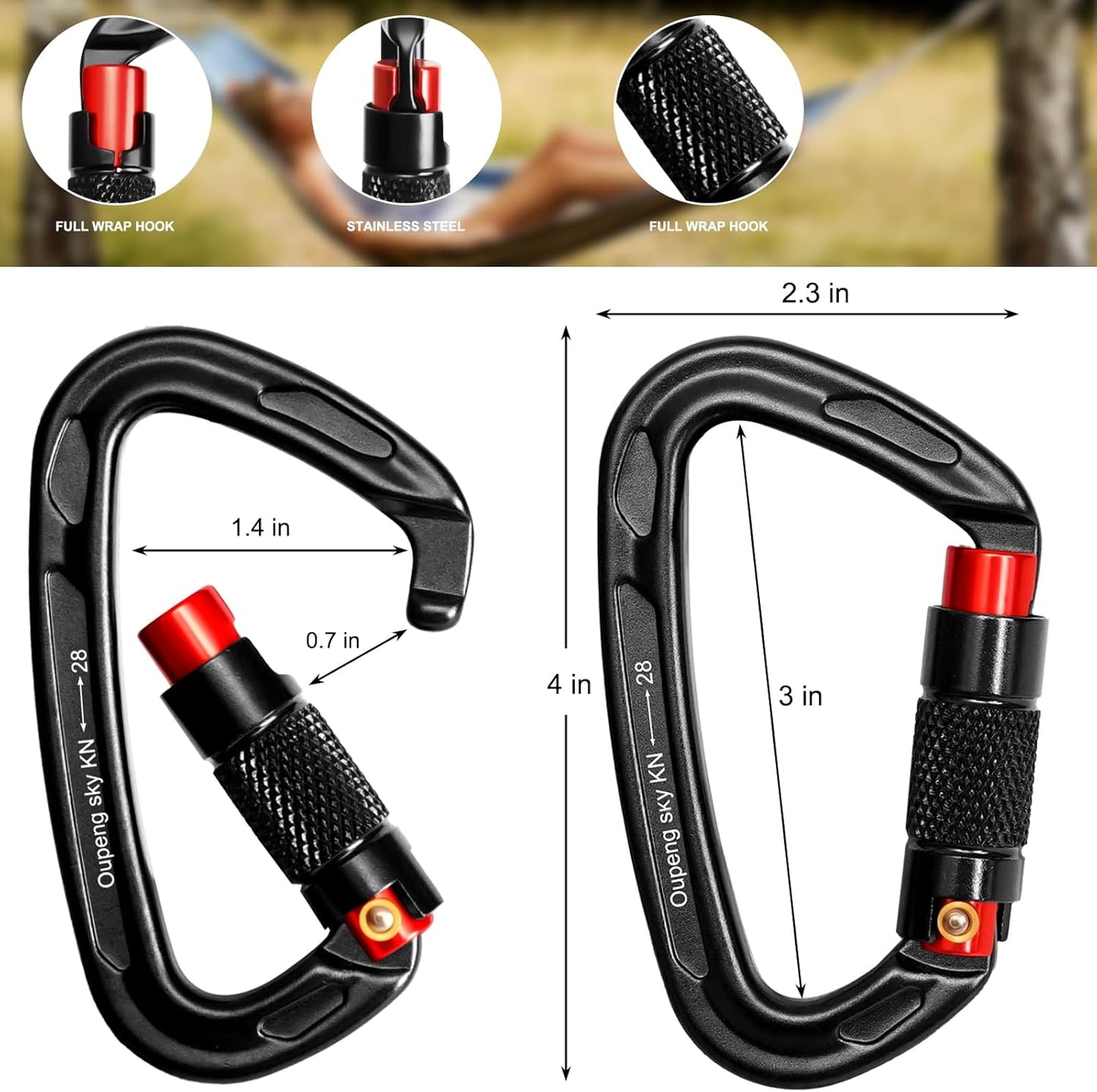 Auto Locking Carabiner Clips - 28KN (6172Lbs) Heavy Duty Caribeaners ,4PCS Large Carabiner Clip for Keychains,Hammock,Camping, Gym, Hiking, Outdoor ,Dog Leash