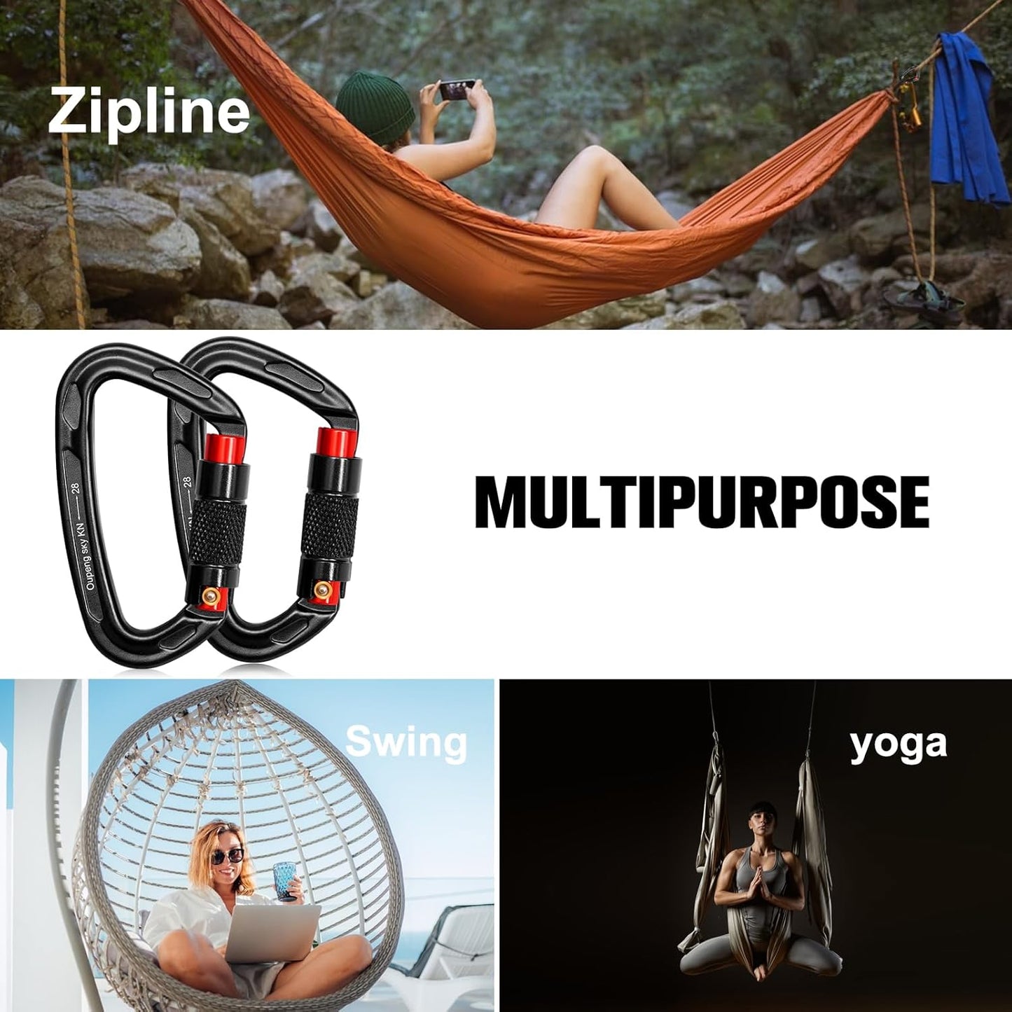 Auto Locking Carabiner Clips - 28KN (6172Lbs) Heavy Duty Caribeaners ,4PCS Large Carabiner Clip for Keychains,Hammock,Camping, Gym, Hiking, Outdoor ,Dog Leash