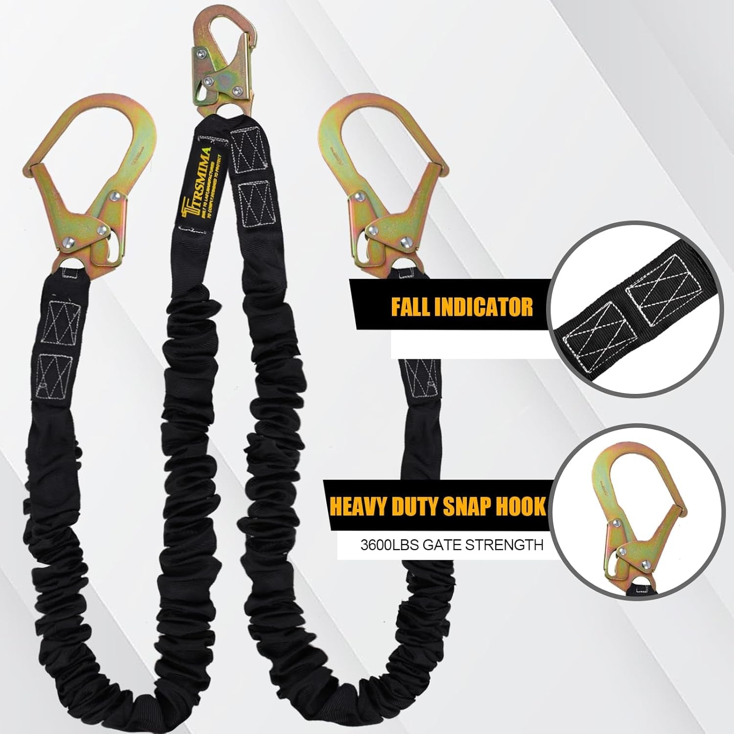 TRSMIMA Safety Harness Lanyard Retractable - Fall Protection Climbing Tree Strap 6 FT Double Leg Internal Shock Absorbing with Rebar & Snap Hook