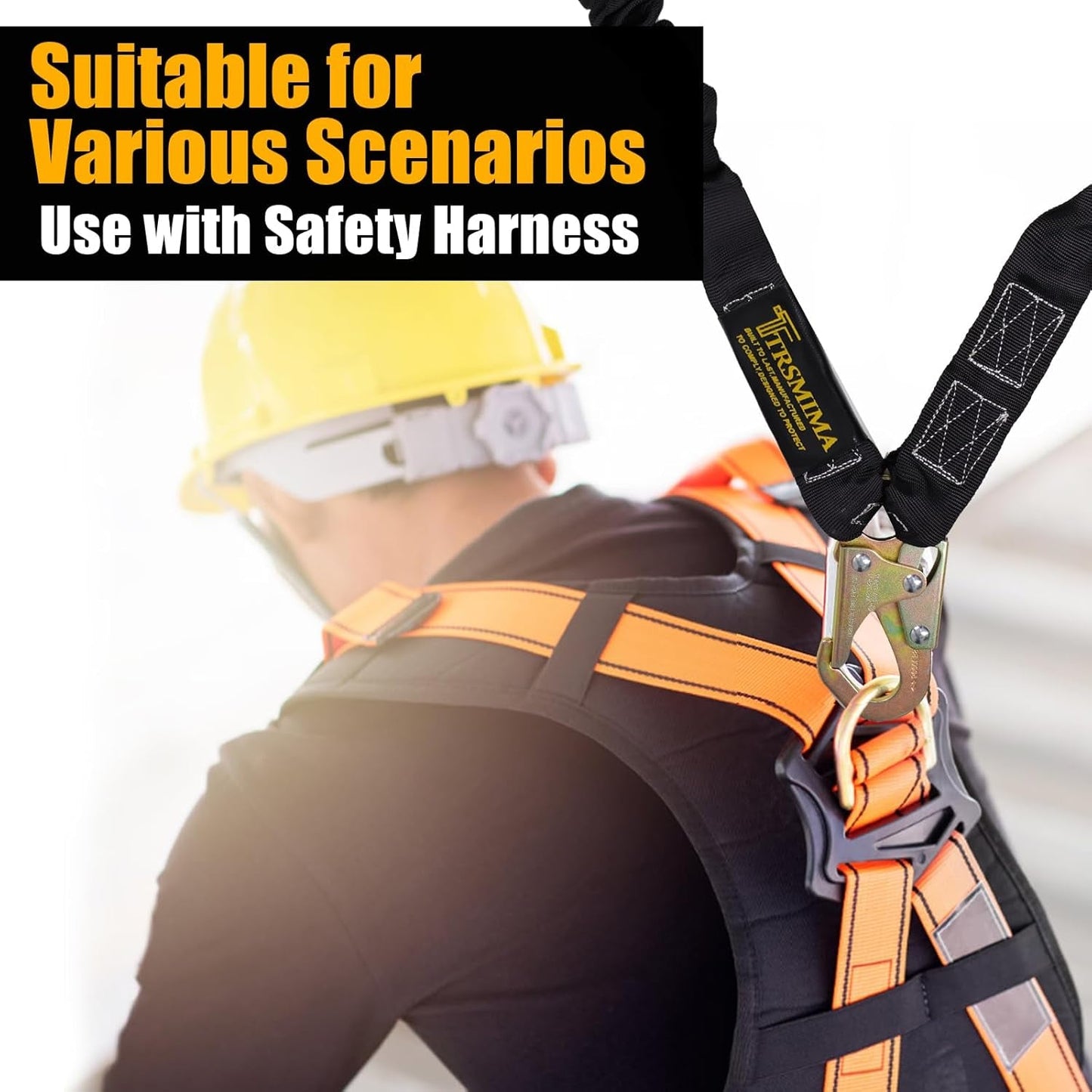 TRSMIMA Safety Harness Lanyard Retractable - Fall Protection Climbing Tree Strap 6 FT Double Leg Internal Shock Absorbing with Rebar & Snap Hook