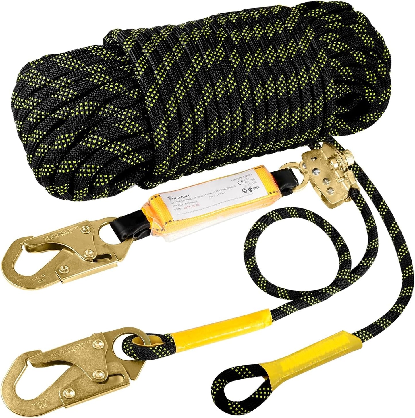 Rope Harness Safety Lanyard：25Ft Vertical Roofing Rope with Grab Snap Hooks Shock Absorber - Fall Protection Tree Climbing Line Kit Heavy Duty Roof Safety Equipment ANSI CE