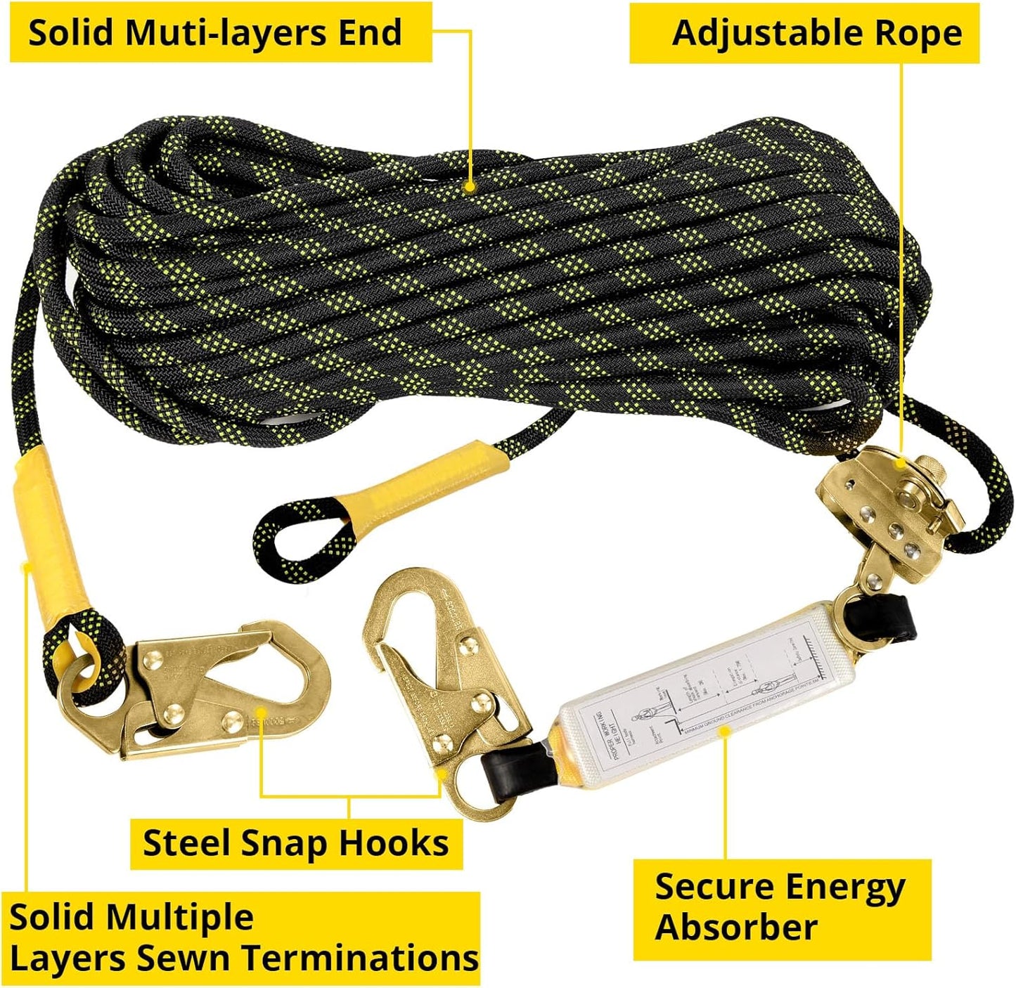 Rope Harness Safety Lanyard：25Ft Vertical Roofing Rope with Grab Snap Hooks Shock Absorber - Fall Protection Tree Climbing Line Kit Heavy Duty Roof Safety Equipment ANSI CE