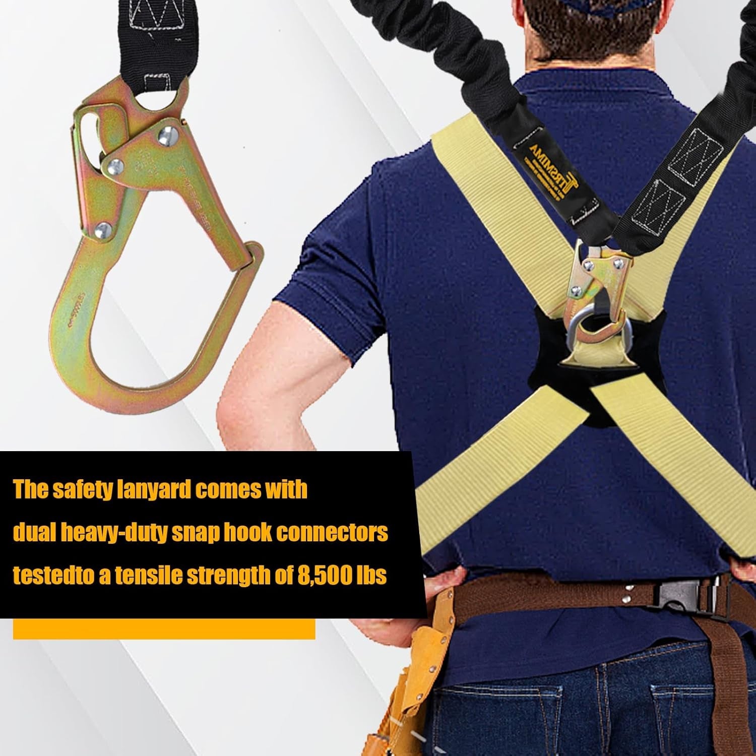 TRSMIMA Safety Harness Lanyard Retractable - Fall Protection Climbing Tree Strap 6 FT Double Leg Internal Shock Absorbing with Rebar & Snap Hook